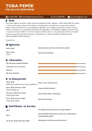 Fen Bilgisi Öğretmeni CV Örnekleri cv indir